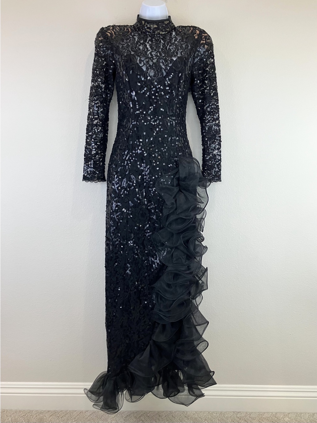 1980's Tadashi Lace & Sequin Black Column Gown Size 6
